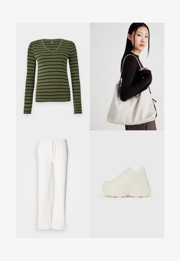 Olivenfarget langermet V-hals skjorte med svarte horisontale striper, slim-fit passform, og GAP-merke inne i kragen.; Hvite, avslappede joggebukser laget av myk stoff, med elastisk liv med snor og rett ben-design.; Hvite plattformsnickers med en glatt læraktig overdel, avrundet form, polstret krage og teksturert gummisåle med tydelige dekk.; Beige håndveske laget av mykt materiale, med en slapp design, sydd detaljer og to skulderstropper. Passer for daglig bruk.