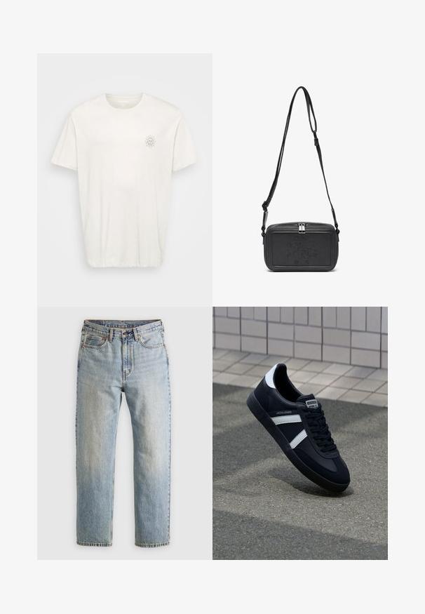 Kortærmet t-shirt med rund hals i off-white bomuld. Har et lille solgrafik på venstre bryst. Blød tekstur, løstsiddende pasform.; Lysblå denim jeans med høj talje, frontknap, lynlås og fem-lomme design, lagt fladt på en neutral baggrund.; Sort lædersneaker med hvide striber, tekstureret gummisål og snørrebånd foran. Har et brandet mærke på tungen.; Sort læder crossover taske med lynlåslukning, præget logo på fronten og justerbar rem. Glat tekstur med rektangulær form.