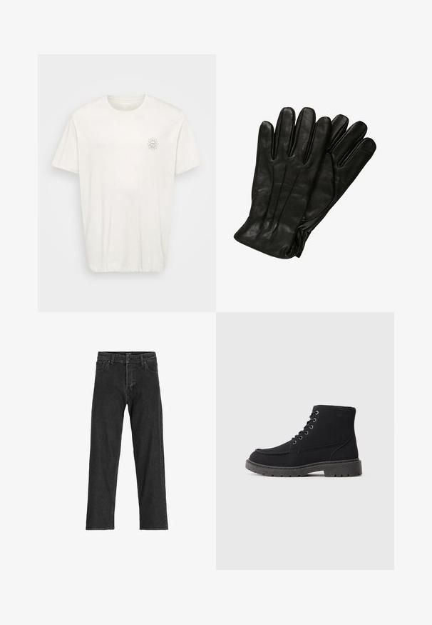 Kortærmet t-shirt med rund hals i off-white bomuld. Har et lille solgrafik på venstre bryst. Blød tekstur, løstsiddende pasform.; Sorte denim jeans med lige ben-design, som har lynlås, bæltestropper og seks lommer, lavet af et robust bomuldsblandingsstof.; Sorte ankelstøvler lavet af struktureret materiale med flad sål, rund tå og seks hulrums snøring. Forstærket syning langs kanten.; Sorte læderhandsker med en glat tekstur, fem fingre og subtile syninger. Klassisk design, egnet til brug i koldt vejr.