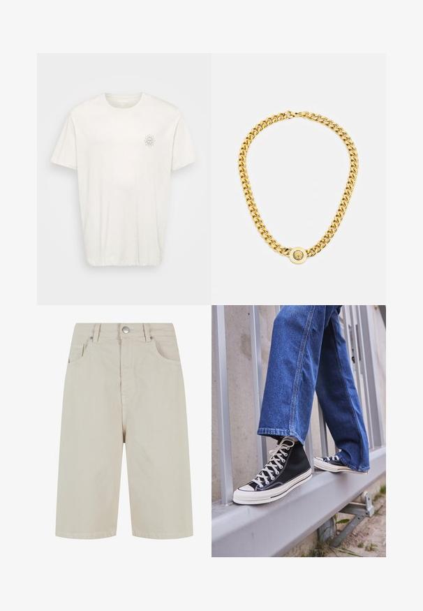 Korte mouwen, ronde hals t-shirt in off-white katoen. Heeft een kleine zonafbeelding op de linkerborst. Zachte textuur, ontspannen pasvorm.; Beige denim shorts met een rechte snit, een sluiting met een knop aan de voorkant en vier zakken. De stof heeft een gladde textuur en minimale stikseldetails.; Zwarte hoge sneakers met witte zool en veters, gecombineerd met losse blauwe denim jeans, rustend op een grijze leuning.; Gouden ketting met grote onderling verbonden schakels, met een ronde hanger in het midden met een verhoogd embleem.