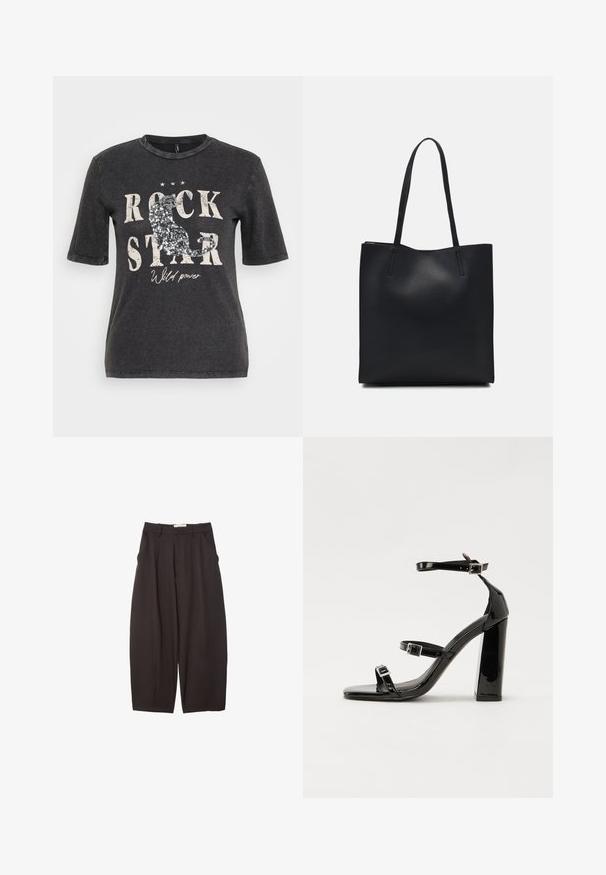 Černé tričko s krátkým rukávem s grafickým potiskem s textem "ROCK STAR" a flitrovými akcenty, umístěné na mírně opotřebovaném pozadí.; Černé široké kalhoty vyrobené z hladkého materiálu, s vysokým pasem, předními sklady a bočními kapsami. Jednoduchý design bez ozdob.; Černé lakované sandály na podpatku se čtveratou špičkou, lýtkovými pásky a stříbrnými přezkami. Disponují masivním blokovým podpatkem pro stabilitu.; Černá kožená taška přes rameno s hladkým povrchem, obdélníkovým tvarem a dvěma dlouhými uchy. Žádné viditelné kování ani ozdoby.