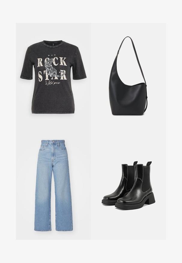 Svart kortärmad t-shirt med en grafisk tryck där texten "ROCK STAR" finns med paljettaccenter, mot en något sliten bakgrund.; Ljusblå högmidjade vida jeans med knapp- och dragkedjestängning, fram- och bakfickor, mot en vit bakgrund.; Svarta läder Chelsea-boots med en kraftig klack, elastiska sidpaneler och kontrasterande vit sömnad. Texturerad yta.; Svart läder hobo-väska med en slät textur, kurvig form och en justerbar axelrem; har en bred öppning upptill.