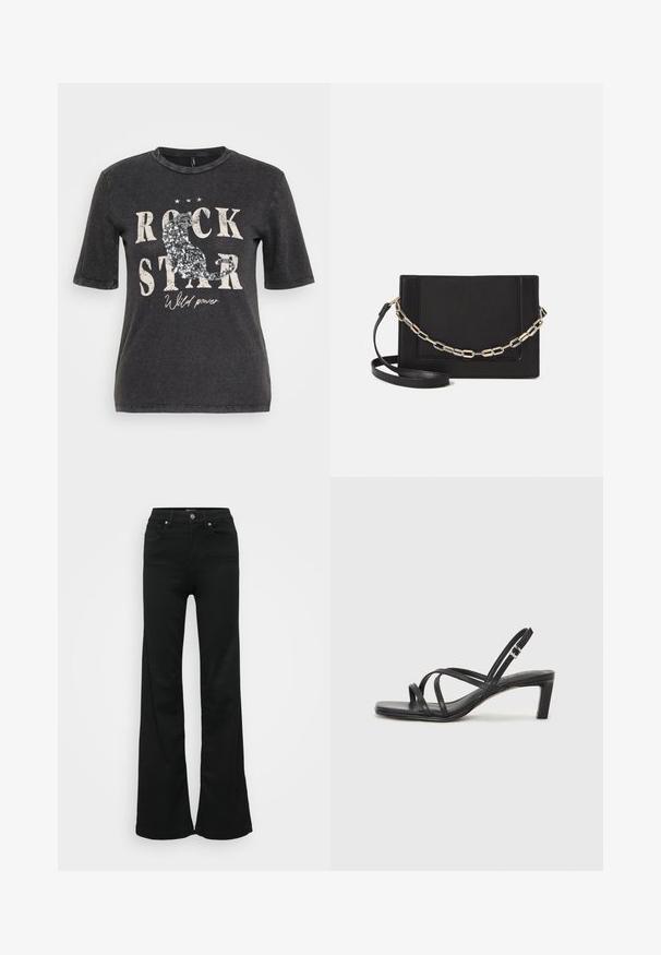 Must have lühikeste varrukatega must T-särk, millel on graafiline trükk tekstiga "ROCK STAR" ja sädelusaktsendid, pisut kulunud taustal.; Mustad laiad teksapüksid, valmistatud denimist, kõrge vöökoht, viis taskut ja metallist nööpkinnitus. Sujuv tekstuur väheste detailidega.; Mustast rihmajalatsid ruudukujulise varba ja madala ploki kontsaga. Omab mitmeid õhukesi rihmasid ja reguleeritavat pahkluu rihma. Valmistatud siledast nahast.; Mustast nahast õlakott, mis omab siledat tekstuuri, ristküliku kuju ning esiküljel metallketi detaili. Reguleeritav rihm on kaasas.