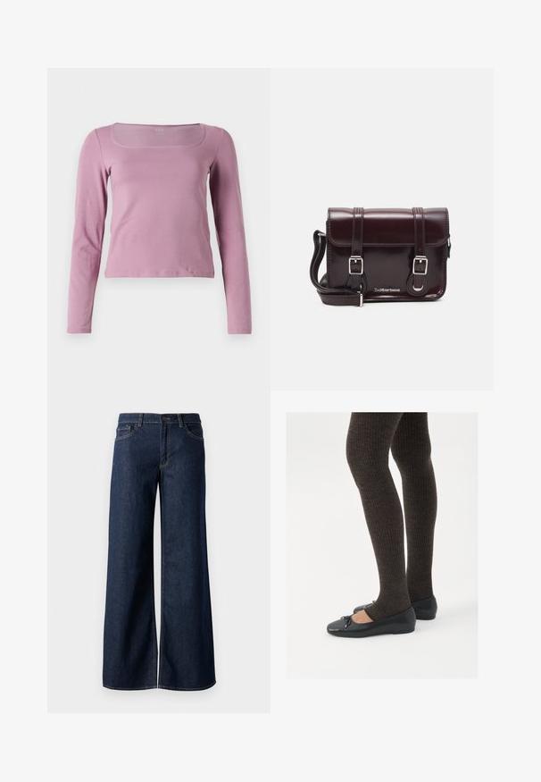 Bluză cu mânecă lungă în roz deschis, cu decolteu pătrat, design ajustat și material moale, elastic. Stil simplu și versatil.; Jeanși cu picioare largi din denim albastru închis. Prezintă cusături contrastante, cinci buzunare și o închidere cu nasture la talie. Textură netedă.; Pantofi negri cu un detaliu mic de fundiță la vârf, asortați cu colanți maro închis, cu textură ondulată. Pantofii au o textură netedă și un profil joase.; Geantă crossbody din piele lac burgundă, cu formă rectangulară, două curele, accesorii din argint și închidere cu clapetă.