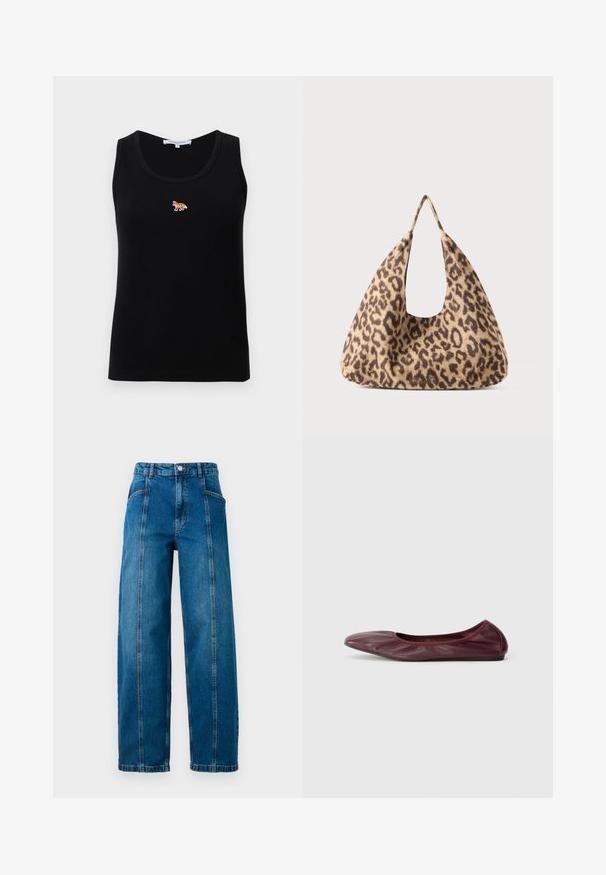 Camisola de alças preta, com frisos, sem mangas, com um pequeno logótipo bordado de uma raposa laranja centrado no peito.; Calças de ganga azuis de cintura alta, com pernas largas, costuras verticais frontais, bolsos laterais, passantes para cinto e fecho com botão.; Sapatilha em pele burdeos escura, com bico redondo, borda elástica e textura suave com detalhe de pregas subtil.; Bolsa em padrão de leopardo, feita de material macio, com uma forma triangular única, alça aberta grande e textura suave.