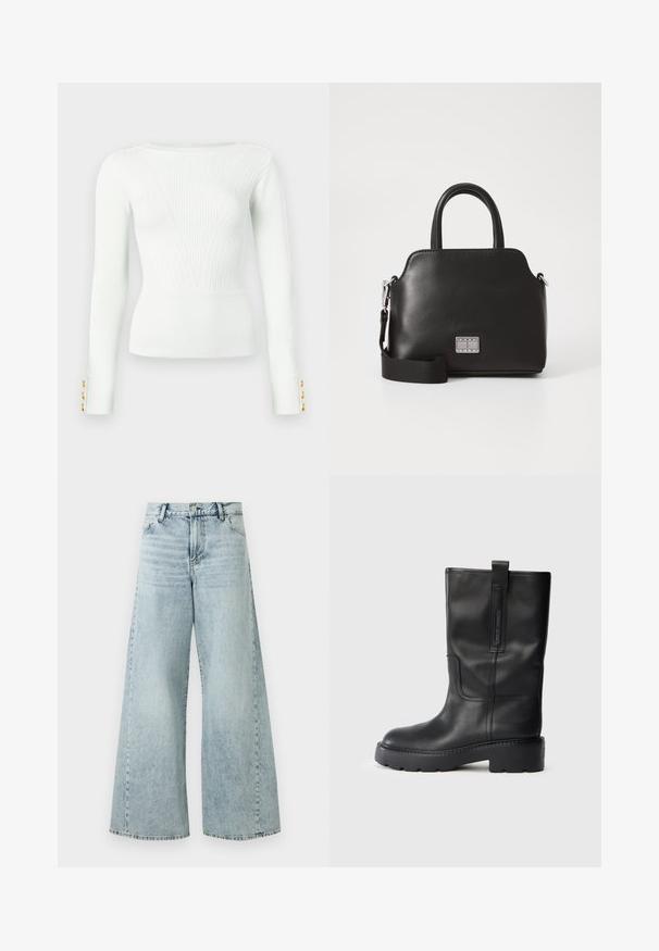 Light green ribbed long-sleeve sweater with a V-shaped neckline and gold button accents on the cuffs. Smooth texture and fitted design.; Light blue denim wide-leg jeans with a high waist, featuring a button closure, five pockets, and frayed hem details.; Black leather knee-high boots with a sleek design, featuring a thick sole and a side pull tab for easy wear. Notable stitching accents.; Black synthetic handbag with top handles, detachable shoulder strap, rounded shape, smooth texture, and silver logo accent on the front.