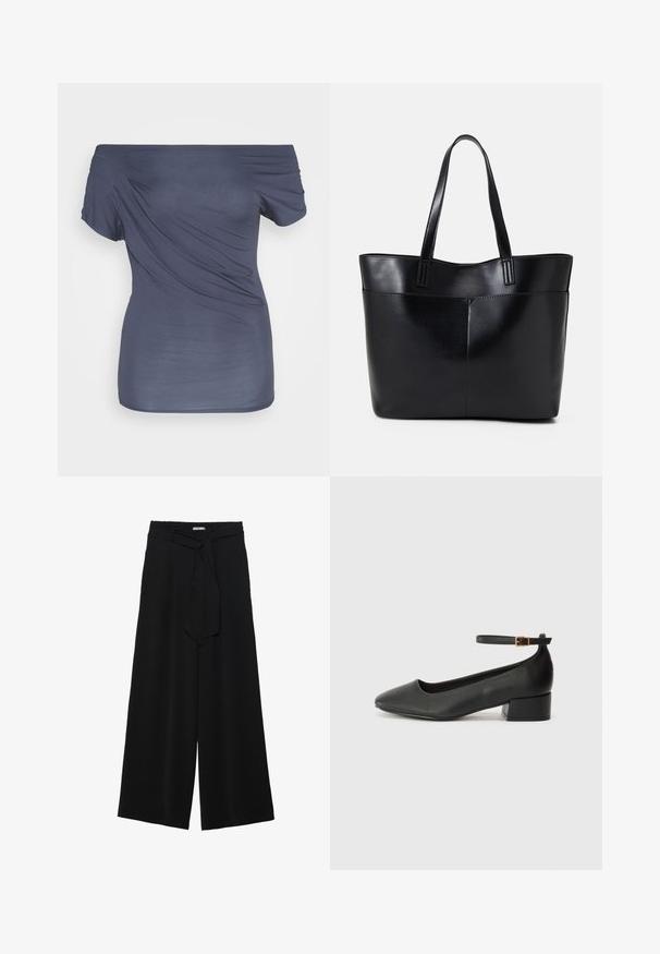 Top sem alças, azul marinho escuro, feito de um tecido macio e suave. Apresenta um design drapeado com mangas curtas e uma silhueta ajustada.; Calças largas pretas com um tecido texturizado, uma cintura elástica e um laço destacável na cintura para um ajuste ajustável.; Sandal de pele preta com bico pontiagudo e um salto bloco baixo. Apresenta uma tira no tornozelo com uma fivela em tom dourado. Textura suave.; Bolsa tote preta em couro com duas alças longas, textura suave e forma estruturada. Apresenta um bolso frontal para armazenamento adicional.