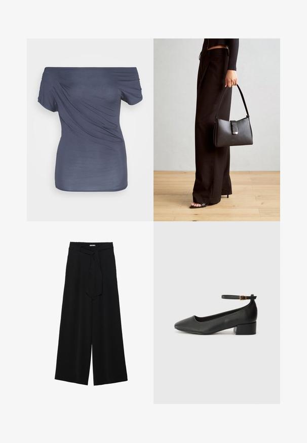 Olkapäältä avonainen, tummansininen paita, joka on valmistettu pehmeästä ja sileästä kankaasta. Siinä on roikkuva muotoilu, lyhyet hihat ja muotoillut siluetti.; Mustat leveät housut, joissa on teksturoitu kangas, joustava vyötärö ja irrotettava nauha vyötäröllä säädettävää istuvuutta varten.; Mustat nahkakengät, joissa on terävä kärki ja matala lohkare korko. Varustettu nilkkahihnalla, jossa on kultasävyinen solki. Lisää sileä pinta.; Musta käsilaukku, jossa on rakenteellinen muoto, sileä pinta ja metallinen solki. Yhdistetty leveisiin mustiin housuihin ja avonaiheisiin sandaaleihin puulattialla.