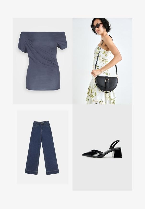 Váll nélküli, sötét tengerészkék felső, puha, sima anyagból készült. Rövid ujjú, drapált dizájnnal és testhez simuló fazonnal rendelkezik.; Sötétkék denim széles lábú farmernadrág. Öt zsebbel, övhurkokkal és nyers szegéllyel az alján, amelyen látható varrási részletek találhatók.; Fekete lakk bőr szandálkés magas sarkú cipő, hegyes orral és geometrikus tömbsarkakkal. Karcsú, minimalista dizájn és sima textúra jellemzi.; Fekete bőrtáska ívelt formával, levehető pánttal és arany színű fémrészekkel. A táskán egy csattal díszített fedél található.