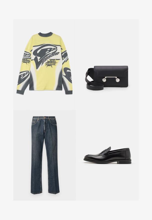 Hosszú ujjas ing sárga és szürke pamutból, merész grafikai dizájnnal, amelyen "BM" és "Le Tour" szöveg, valamint absztrakt minták találhatók.; Sötétkék egyenes szárú farmernadrág elülső gombbal, cipzáros behúzással, dupla elülső zsebekkel és lábszárakon látható függőleges ráncokkal.; Fekete bőr loaferek sima textúrával, kerek orral és dekoratív pánttal a vampnál. Alacsony, rétegelt sarkú, minimalista dizájn.; Fekete bőr keresztpántos táska hajtókával, ezüst színű kiegészítőkkel és két kerek díszítéssel. Levehető pánttal rendelkezik. Simább textúrájú.