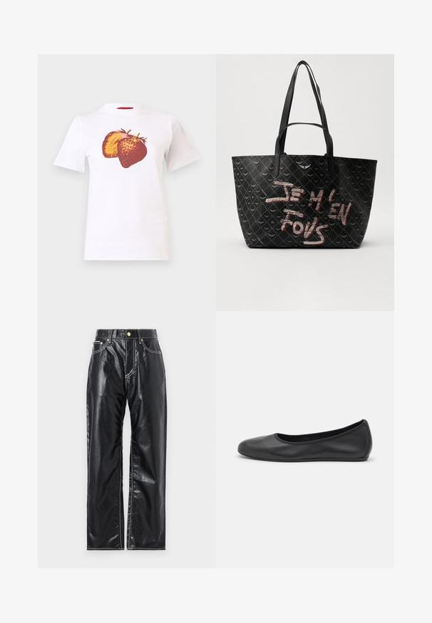 Baltas medvilnės T-marškinėliai su grafiką, vaizduojančia dvi braškes raudonais ir geltonais atspalviais, trumpomis rankovėmis ir apvaliu iškirpimu.; Juodos dirbtinės odos kelnės su plačiais klešniais, su baltu siuvinėjimu, priekinėmis kišenėmis ir auksine sagtimi ant liemens.; Juodai odiniai baletai su apvaliu pirštu, lygi texture, minimalus siuvimo detales ir lanksčiu padų dizainu.; Juodas tote krepšys su tekstūruotu paviršiumi, turintis deimanto raštą, petines diržes ir ryškiai raudonai baltą tekstą „JE M'EN FOUS.“