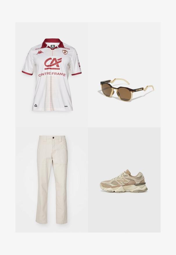 Biela futbalová dres s vínovými akcentmi, s límcom, tímovými logami a textúrovaným vzorom na prednej strane. Materiál vyzerá ako priedušný.; Béžové bavlnené nohavice so strihom rovného nohavicu, ktoré majú dve predné vrecká, jediné zapínanie na gombík a viditeľné švy.; Béžové športové tenisky s sieťovinou a semišovými materiálmi, zaoblenou špičkou, hrubou podrážkou a výraznými reflexnými akcentmi po stranách.; Hnedé okrúhle slnečné okuliare s rámom z korytnačiny a svetložltého priesvitného materiálu, so ostrými ramenami a textúrovanými detailmi na spánkoch.