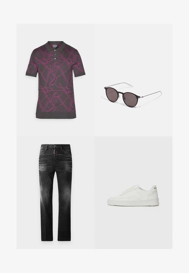 Pólo cinza com um padrão geométrico rosa, mangas curtas, colarinho clássico e design de pala com três botões.; Jeans de denim preto com um corte reto. Apresentam áreas desbotadas, ligeira degradação, design clássico de cinco bolsos e um fecho de botão.; Sapatilha de couro branco com acabamento suave, bico redondo, atacadores planos e uma sola texturizada. Apresenta um logotipo discreto no calcanhar.; Óculos de sol redondos pretos com lentes escuras e hastes metálicas finas. Inclui pontas de templo transparentes e detalhes em prata na dobradiça. Design minimalista.