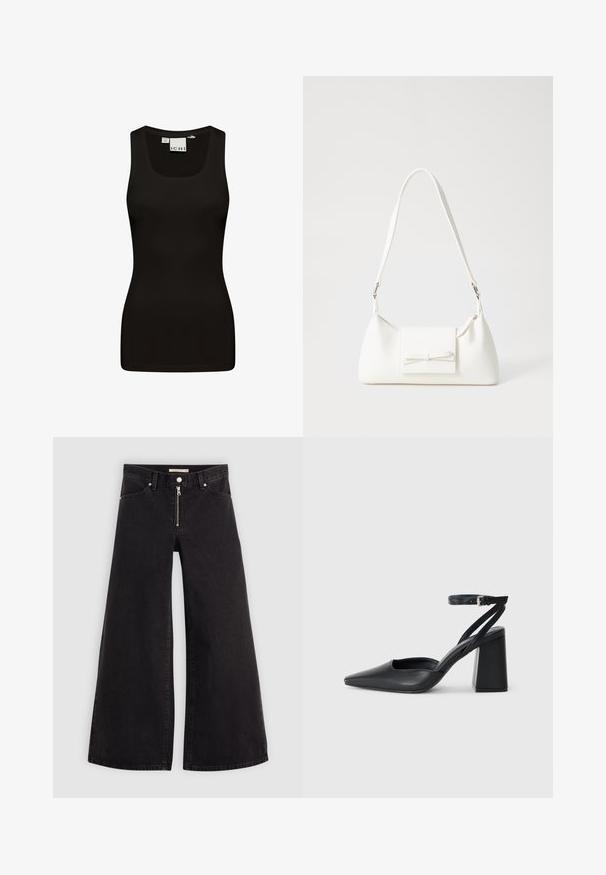 Top negro sin mangas hecho de una tela suave y elástica. Cuenta con un escote redondo y tirantes anchos, con un diseño ajustado y sin costuras.; Jeans de pierna ancha en denim negro con cierre frontal, diseño de cinco bolsillos y detalles de costura sutiles. Textura suave y estilo casual.; Zapato de tacón puntiagudo de cuero negro con tira en el tobillo y tacón ancho. Textura plana, diseño elegante y estética minimalista.; Bolso sintético blanco con forma triangular, tapa frontal plana y detalle de lazo, correa ajustable, textura suave y diseño minimalista.