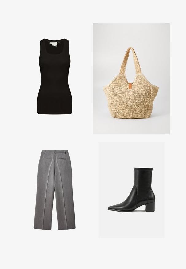 Čierny top bez rukávov vyrobený z hladkej, pružnej tkaniny. Má okrúhly výstrih a široké ramienka, s priliehavým, bezšvovým dizajnom.; Šedé upravené nohavice s plochým predným dielom, rovný strih nôh, dvoma zadnými vreckami a jemnou textúrou.; Čierne členkové topánky vyrobené z hladkej kože, s špicatou špičkou, blokovým podpätkom a výrazným zvýšeným švom na hornom okraji.; Veľká slamienková taška s texturovaným béžovým povrchom a dvoma širokými uchami. Obsahuje kožený akcentový popruh na uzatvorenie.