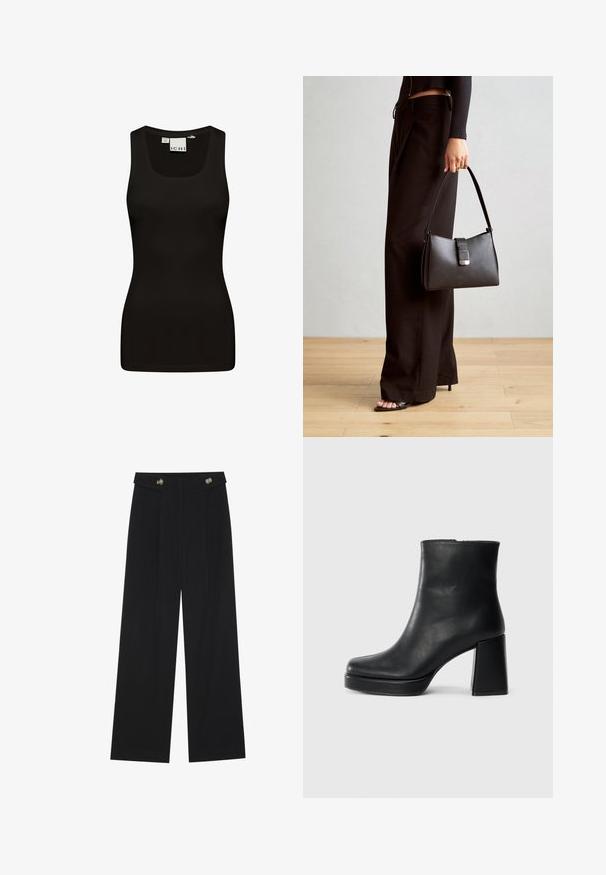 Sort tanktop lavet af glat, strækbart stof. Har en rund halsudskæring og brede stropper, med et tætsiddende, sømløst design.; Sorte vide bukser med høj talje, knapdetaljer på taljebåndet og frontfald.; Sort læder ankelstøvle med blokhæl og platformssål, set fra siden på en ensfarvet hvid baggrund.; Sort håndtaske med struktureret form, glat overflade og metalspænde. Sammen med brede sorte bukser og sandaler med åben tå på trægulv.