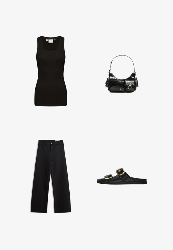 Crna majica bez rukava napravljena od glatkog, rastezljivog materijala. Ima okrugli izrez i široke naramenice, sa prilagođenim, bešavnim dizajnom.; Crne široke traperice s visokim strukom, s prednjim i stražnjim džepovima, šivenim šavovima i kopčanjem na gumb. Glatka tekstura.; Crne sandale na klizanje s dva zlatna akcenta u obliku kopči, glatkog teksturiranog materijala, ravnim potplatom i minimalističkim dizajnom.; Crna patentna kožna torba s zakrivljenim oblikom, jednim remenom za rame, prednjim džepovima i akcentima od srebrnog tona.