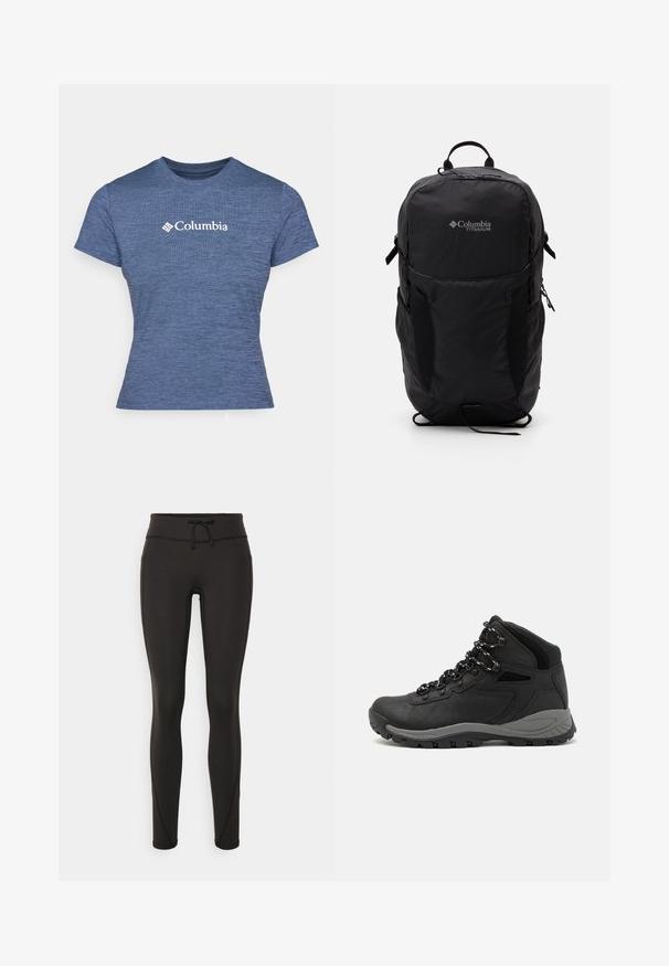Blå kortärmad t-shirt i texturerad tyg, med en vit Columbia-logotyp på bröstet, rund hals och figursydd passform.; Svarta leggings med hög midja, snörning, slät textur och figurnära design. Har sömnadsdetaljer längs sidorna.; Svart vandringskänga med mellanhög design, som har en texturerad överdel, grå accenter och en slitstark gummisula med greppklackar.; Svart Columbia Titanium ryggsäck med en mjuk tygstruktur, sidofickor, handtag upptill och justerbara remmar. Minimalistisk design med diskret märkning.