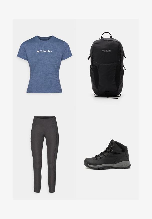 Camiseta de manga corta azul fabricada con tejido texturizado, con un logo blanco de Columbia en el pecho, cuello redondo y diseño ajustado.; Leggings de cintura alta en gris oscuro, hechas de una tela texturizada. Presentan un diseño ajustado y bolsillos laterales para almacenamiento.; Bota de senderismo negra con un diseño de medio caña, que cuenta con una parte superior texturizada, acentos grises y una suela de goma duradera con tacos de tracción.; Mochila Columbia Titanium negra con una textura de tela suave, bolsillos laterales, asa superior y correas ajustables. Diseño minimalista con una marca sutil.
