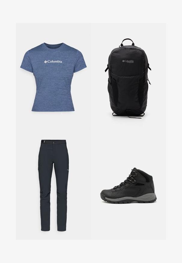 Blå kortermet t-skjorte laget av teksturert stoff, med en hvit Columbia-logo på brystet, rund hals og tettsittende design.; Herre utendørsbukser, mørkegrå, laget av fleksibelt materiale, med belte, glidelåslommer og forsterkede sømmer.; Sorte turstøvler med mid-topp design, som har en teksturert overdel, grå detaljer og slitesterk gummisåle med godt grep.; Svart Columbia Titanium ryggsekk med en glatt stoffoverflate, sidelommer, topphåndtak og justerbare stropper. Minimalistisk design med subtil merkevare.