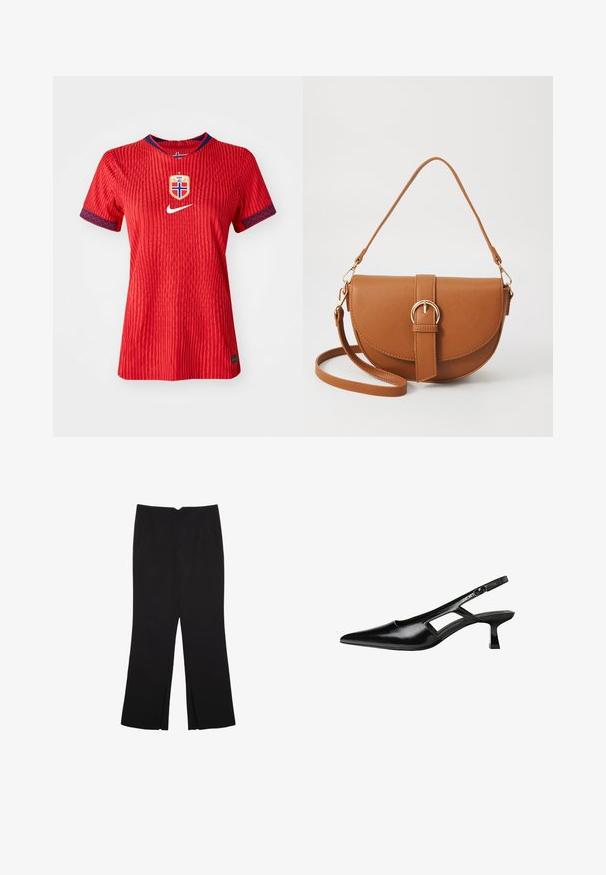Czerwona koszulka Nike z teksturowanymi paskami, okrągłym dekoltem, niebieskimi akcentami na rękawach oraz herbem norweskiej reprezentacji narodowej na piersi.; Czarne spodnie o prostym kroju, z przednimi kieszeniami i bocznymi rozcięciami na dole. Wykonane z miękkiego, gładkiego materiału. Odpowiednie na różne okazje.; Czarne lakierowane czółenka na odkrytej pięcie z wąskim noskiem, z wykrojem po bokach i małym kwadratowym obcasem. Gładka faktura z minimalnymi akcentami.; Brązowa skórzana torba na ramię o zaokrąglonym kształcie, ze złotymi akcentami i zapięciem w formie klamry. Posiada odpinany pasek na ramię.