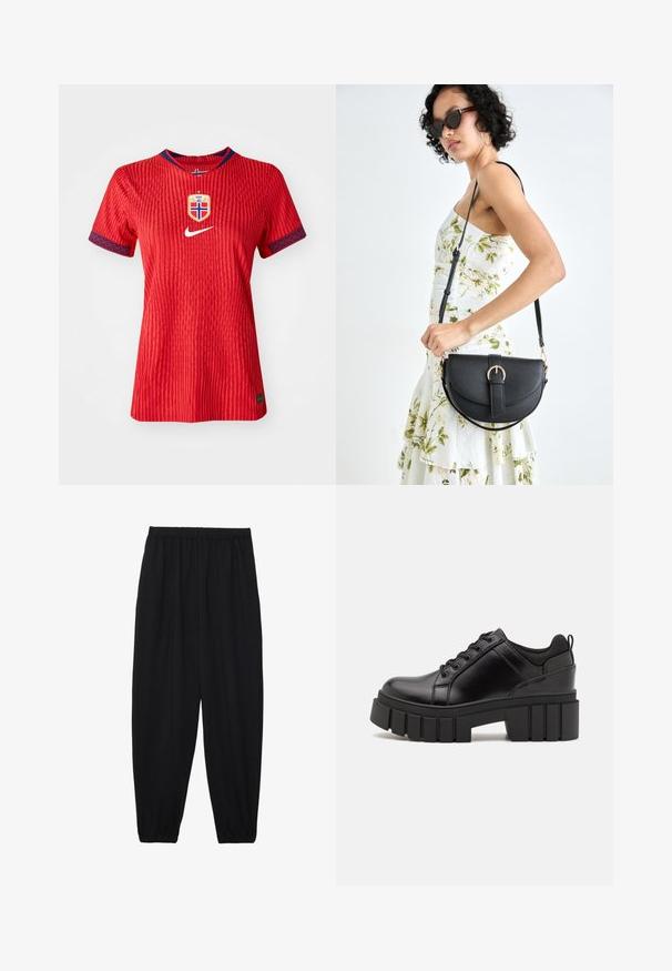 Piros Nike mez, textúrált csíkkal, kerek nyakkivágással, kék díszítéssel a ujjakon, és Norvégia válogatottjának címere a mellkasán.; Fekete, könnyű nadrág elasztikus derékkal és ráncolt bokákkal. Az anyag sima és laza, szűkített dizájnnal rendelkezik.; Fekete bőr platform cipők vaskos blokk sarkakkal, kerek orral és hagyományos fűzős kialakítással. Simára csiszolt felület és minimális részletezés jellemzi.; Fekete bőrtáska ívelt formával, levehető pánttal és arany színű fémrészekkel. A táskán egy csattal díszített fedél található.