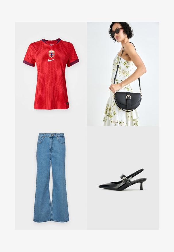 Camiseta roja de Nike con rayas texturizadas, escote redondo, acentos azules en las mangas y el escudo de la selección nacional de Noruega en el pecho.; Jeans acampanados de color azul claro hechos de denim, con una cintura alta, cinco bolsillos y un cierre de botón. Textura suave con acabado desgastado.; Zapatos de tacón en charol negro con tira al tobillo, punta afilada y un pequeño tacón bloque, que cuentan con un acento de hebilla plateada en la correa.; Bolso de piel negra con forma curva, correa desmontable y herrajes dorados. El bolso cuenta con una solapa con un detalle de hebilla.
