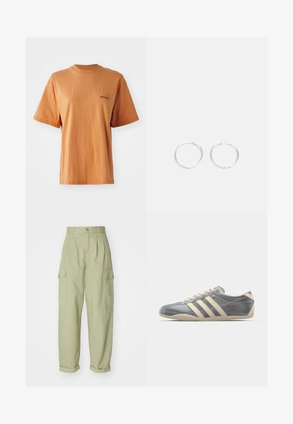 T-shirt à manches courtes, col rond en coton orange doux, présentant un petit logo brodé en rouge foncé sur la poitrine gauche.; Pantalons cargo vert clair en tissu coton. Présentent une taille haute, des poignets roulés et deux poches cargo latérales pour plus de praticité.; Baskets athlétiques en satin gris avec des accents en cuir beige, trois bandes et un logo doré "adidas Tokyo". Design profil bas avec une semelle en caoutchouc texturée.; Boucles d'oreilles en argent avec un design rond et épuré, présentant une surface lisse et sans embellissements visibles. Diamètre non spécifié.