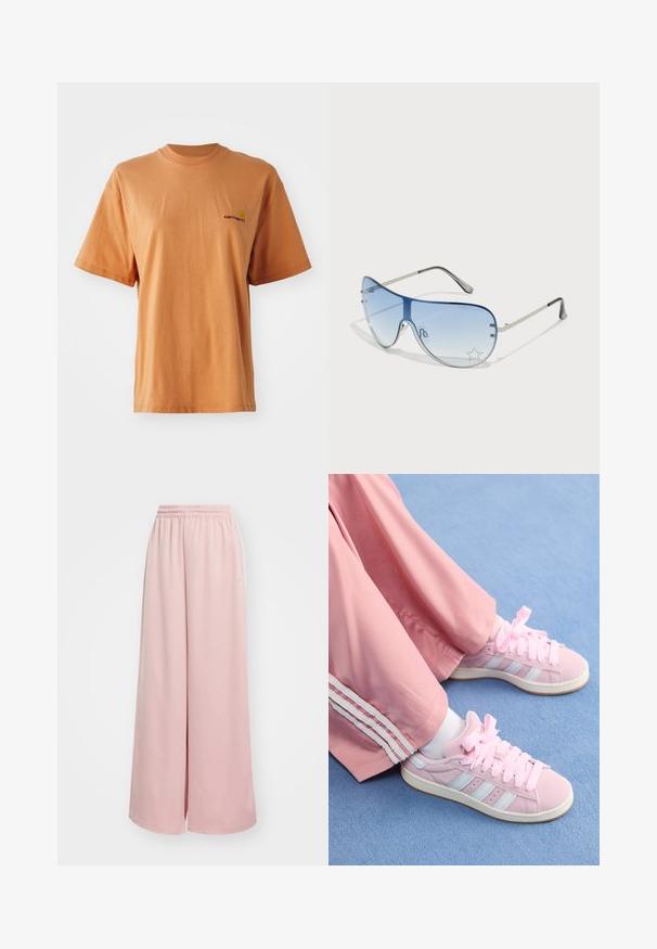 T-shirt met korte mouwen en ronde hals in gedempt oranje katoen, voorzien van een klein, geborduurd logo in donkerrood op de linkerborst.; Lichtroze wijde broek met een elastische tailleband. Glad materiaal met zijzakken en subtiele branding op het linkerbeen.; Roze sportieve schoenen met lichtblauwe strepen, ronde neuzen en dikke roze veters, gecombineerd met roze trainingsbroeken met witte zijstrepen.; Aviator zonnebril met een gradient blauwe lens, zilveren metalen frame en decoratieve sterrenaccenten op de lens. Glad en strak ontwerp.