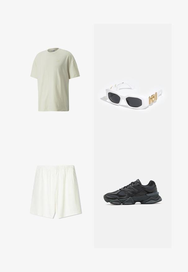 Kermanvärinen puuvillapaita, jossa on klassinen pyöreä kaula-aukko, lyhyet hihat ja rintakehässä vaaleammassa sävyssä oleva hienovarainen Puma-logo.; Vaaleanbeigeet shortsit, joissa on joustava vyötärö, kaksi sivutaskua ja suora lahje. Valmistettu pehmeästä ja hengittävästä kankaasta.; Musta juoksukenkä, jossa on yhdistelmä verkko- ja synteettisiä materiaaleja, paksu pohja, kaareva muotoilu ja näkyvä brändäys sivussa.; Valkoiset aurinkolasit kulmikkailla kehyksillä, mustilla linsseillä ja kultaisilla medaalikoristeilla temppeleissä. Valmistettu muovista, jolla on sileä pinta.
