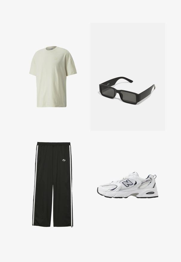 T-shirt en coton couleur crème avec un col rond classique, des manches courtes et un logo Puma subtil dans une teinte plus claire sur la poitrine.; Pantalons de sport noirs en tissu léger, avec des rayures blanches sur les côtés, une taille élastique et un petit logo à l'avant.; B baskets blanches avec une tige en mesh, des accents bleu marine et une semelle rembourrée. Présente le logo "N", des lacets et un détail texturé sur le côté.; Lunettes de soleil noires avec des verresrectangulaires, monture en plastique mat et bords droits. Présente le logo de la marque sur le bras intérieur.