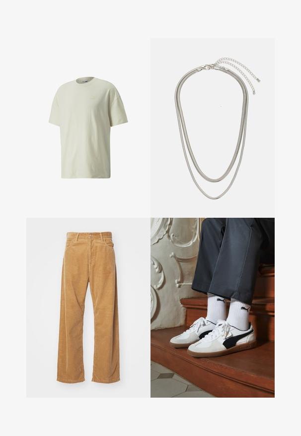 Cremefarvet bomulds t-shirt med klassisk rund halsudskæring, korte ærmer og et subtilt Puma-logo i en lysere nuance på brystet.; Bredde corduroybukser i en tan farve. Har teksturerede, vertikale ribber, en standard talje og to frontlommer.; Puma sneakers i hvid og sort ruskind med en brun gummisål. Bæres med hvide sokker med et sort logo og mørke bukser.; Tre-lags sølvmetal halskæde med slanke, flexible kæder med en let glans, sikret med en hummerlås og justerbar kæde.