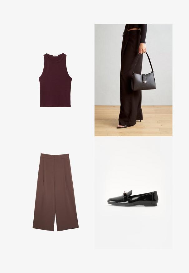 Bordeaux-farvet ærmeløs tanktop lavet af blødt bommateriale. Funktioner en rund hals og en tætsiddende design, passende til hverdagstøj.; Brune bredbunde bukser med en glat tekstur, der har høj talje og plisseringer foran. Stoffet er let og falder løst.; Sort laklæder loafers med flad sål, rund tå og en dekorativ rem med en guld-tonet accent. Glat, blank finish.; Sort håndtaske med struktureret form, glat overflade og metalspænde. Sammen med brede sorte bukser og sandaler med åben tå på trægulv.