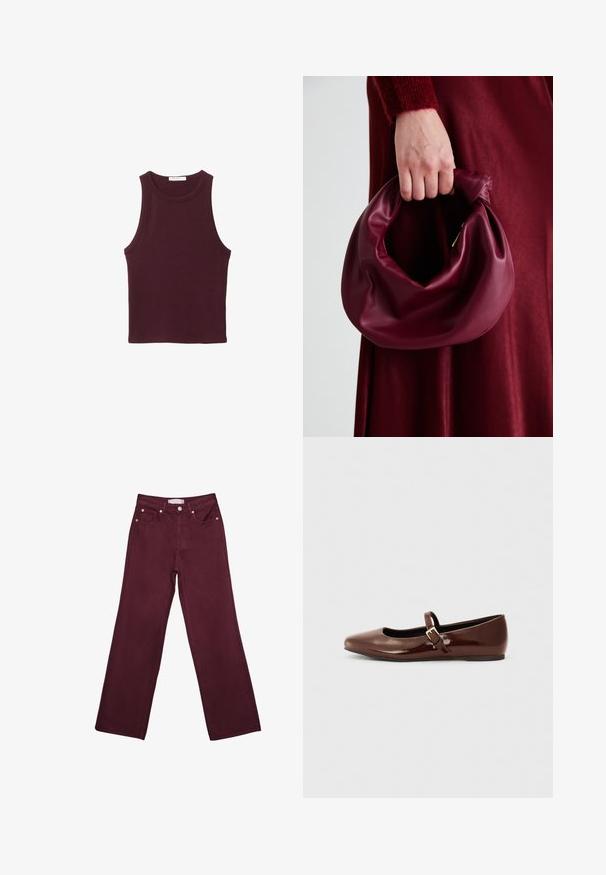 Bordeauxfarbenes ärmelloses Tanktop aus weichem Baumwollmaterial. Verfügt über einen runden Ausschnitt und eine taillierte Passform, ideal für Freizeitkleidung.; Burgunderfarbene hochtaillierte Jeans mit geradem Bein-Design, ausgestattet mit vorderen Taschen, einem Knopfverschluss und metallischen Akzenten in Kupferfarbe.; Braune Lackleder-Ballerinas mit quadratischer Zehenform und Riemen mit einer kleinen goldenen Schnalle. Glatte Textur, niedriger Absatz und minimalistisches Design.; Burgunderleder-Handtasche mit einem weichen, gerafften Design und einer gerundeten Form. Der Griff ist gesichert und zeigt eine glatte Textur.