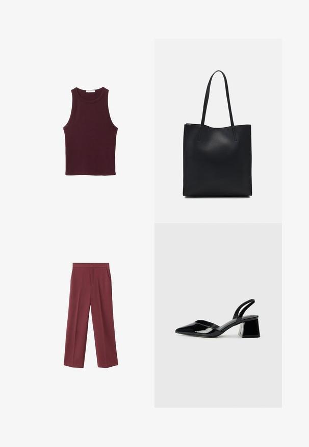 Bordeauxfarbenes ärmelloses Tanktop aus weichem Baumwollmaterial. Verfügt über einen runden Ausschnitt und eine taillierte Passform, ideal für Freizeitkleidung.; Weinrote Hose mit weitem Bein aus glattem Material, ausgestattet mit seitlichen Taschen und einem hohen Taillendesign. Mit einem klaren vorderen Bügel gefaltet.; Schwarze Lackleder-Slingback-High Heels mit spitzem Schuh und einem geometrischen Blockabsatz. Verfügt über ein schlankes, minimalistisches Design und eine glatte Textur.; Schwarze Laptoptasche aus Leder mit glatter Textur, rechteckiger Form und zwei langen Griffen. Keine sichtbaren Beschläge oder Verzierungen.