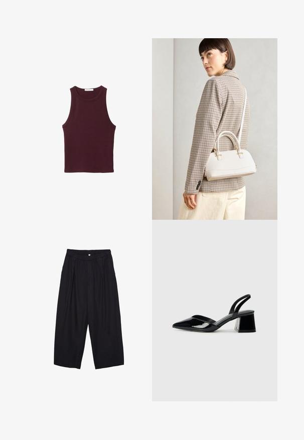 Bordeauxfarbenes ärmelloses Tanktop aus weichem Baumwollmaterial. Verfügt über einen runden Ausschnitt und eine taillierte Passform, ideal für Freizeitkleidung.; Schwarze Polyester-Culotte mit einem elastischen Bund, zwei vorderen Falten und einer lockeren Silhouette. Keine sichtbaren Muster oder Hardware-Details.; Schwarze Lackleder-Slingback-High Heels mit spitzem Schuh und einem geometrischen Blockabsatz. Verfügt über ein schlankes, minimalistisches Design und eine glatte Textur.; Weiße strukturierte Handtasche mit kurzen Griffen und einem Schultergurt, ausgestattet mit goldfarbenen Hardware-Elementen und strukturiertem Material, vor einem grauen Hintergrund präsentiert.