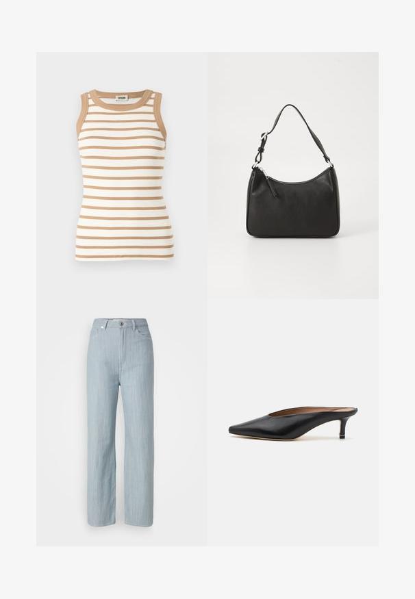 Varrukata ribikleidis kreemi ja heledad pruunid horisontaalsed triibud. Omab kontrastset pruunist kraed ja käeauke.; Heledad sinine sirge säärtega teksapüksid, mis on valmistatud denimkangast. Omab viit taskut, metallist nupuga sulgemist ja õrna kulumist tekstuuri jaoks.; Mustri mustad nahast ketsid terava nina ja madala plokkninas. Sile tekstuur ja elegantne disain. Avatud selg, minimaalse detailimisega.; Must musta käekott, millel on kumer kuju, üks rihm, lukuga sulgemine ja peen brändimine esiküljel. Sile tekstuur, minimalistlik disain.