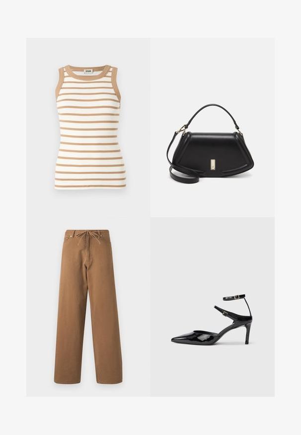 Hihaton ribbipaita vaalean kerma- ja vaaleanruskeilla vaakaraitoja. Varustettu kontrastivärisellä ruskealla kauluksella ja käsivarsiaukkoilla.; Ruske leve hlače iz bombaža, ki imajo elastičen pas z vrvico in dve sprednji žepi. Teksturirana tkanina z gladkim zaključkom.; Mustat lakatut korkokengät, joissa on terävä kärki, säädettävät nilkkahihnat ja hoikka korko. Suora pinta, joka näyttää kiiltävältä.; Mustalla nahkalaukulla, jossa on jämäkkä muotoilu, lyhyt malli, yläkahva ja kultaiset yksityiskohdat. Säädettävä olkahihna sisältyy.