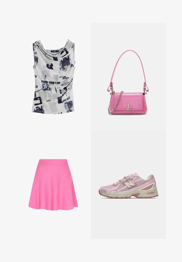 Valkoinen hihaton paita, jossa on kaula-aukko ja jossa on mustan tekstin ja abstraktien sinisten kuvioiden yhdistelmä. Pehmeä, kevyt kangas.; Vaaleanpunainen neulottu hame, jossa on istuva vyötärö ja levenevä muotoilu, valmistettu pehmeästä kankaasta, joka lisää sileää tekstuuria.; Vaaleanpunaiset ja beigeet New Balance 740 -lenkkarit, joissa on verkkokangas ja synteettinen päällinen, nauhakiinnitys ja pehmustettu pohja, esitettynä sivuprofiilissa.; Vaalea vaaleanpunainen lakattu nahkakäsilaukku, jossa on suorakulmainen muoto, irrotettava ketjun olkaimet ja hopeiset yksityiskohdat edessä.