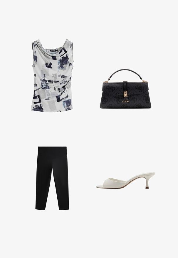 Hvid ærmeløs top med en cowl-halsudskæring, prydet med en blanding af sort tekst og abstrakte blå mønstre. Blødt, letvægtsstof.; Sorte atletiske leggings med høj talje, glat stof og tætsiddende silhuet, designet til nem bevægelse og komfort.; Hvide åbne højhælede mules med en glat finish, minimalistisk design og en slank hæl, der har en subtil brun accent på sålen.; Sort tekstureret håndtaske med et struktureret design, som har en top-håndtag, guld hardware og et logo-tryk på forsiden.; Guldfarvede blomsterformede øreringe med teksturerede kronblade og en central perle. Har lagdelt design for ekstra dybde. Letvægtsmetallisk materiale.