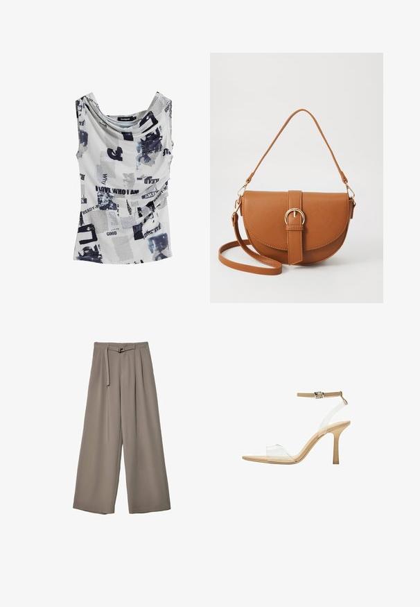 Top bianco senza maniche con scollo a cowl, caratterizzato da un mix di testo nero e motivi astratti blu. Tessuto morbido e leggero.; Pantaloni a gamba larga in un morbido tessuto grigio tenue, con vita con cintura e pieghe per un tocco di design aggiuntivo. Texture liscia, senza motivi.; Sandal con tacco trasparente e parte superiore trasparente, plantare beige e una sottile cinghia alla caviglia. Presenta una punta appuntita e un tacco alto e sottile.; Borsa a tracolla in pelle marrone con forma curvata, hardware dorato e un dettaglio con fibbia. Presenta una tracolla rimovibile.