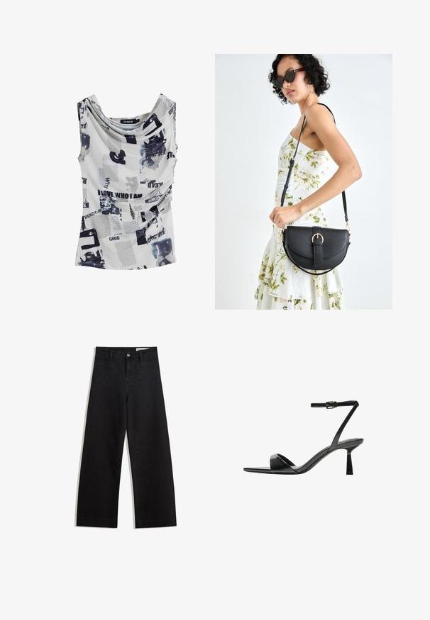 Haut sans manches blanc avec un décolleté drapé, présentant un mélange de texte noir et de motifs abstraits bleus. Tissu doux et léger.; Pantalon en denim noir à jambes larges avec une taille haute, comprenant des poches avant et arrière, des coutures piquées et une fermeture à bouton. Texture lisse.; Bershka Sandales à talons hauts - black; Sac à main en cuir noir avec une forme courbée, bandoulière amovible et des accessoires en or. Le sac est doté d'un rabat avec un détail de boucle.