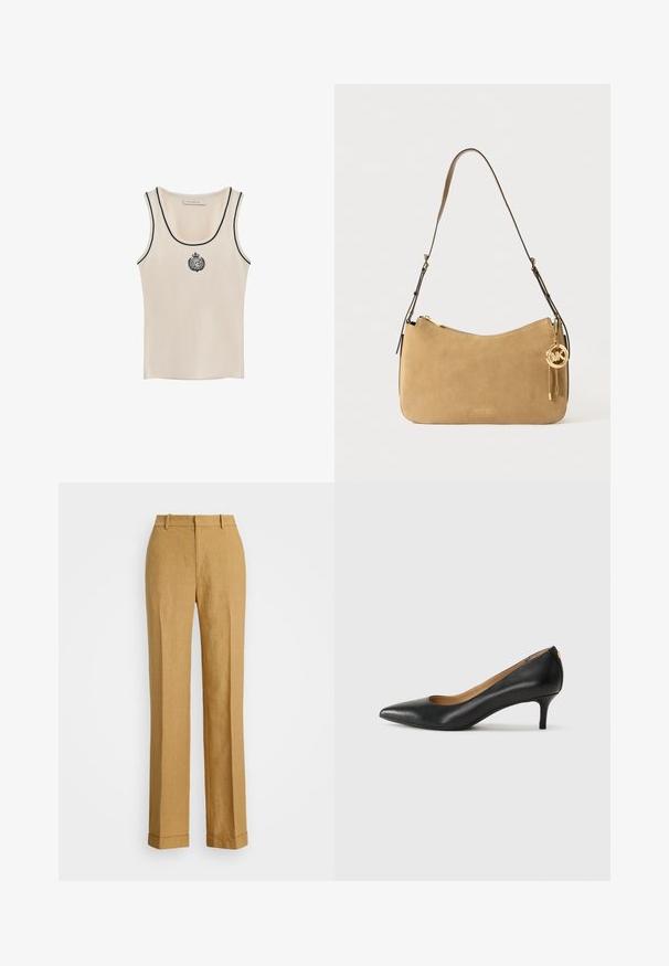 Canotta beige con bordi neri e un logo ricamato circolare al centro. Realizzata in tessuto morbido e liscio con un design aderente.; Polo Ralph Lauren YARD LINEN FULL FLAT FRONT - Pantaloni - sand dune; Décolleté in pelle nera con punta affilata, tacco basso e texture liscia. Presenta un leggero apertura sulla parte anteriore e hardware minimale sul retro.; Borsa a spalla in suede marrone chiaro con forma arrotondata, hardware dorato e chiusura con cerniera. Presenta un charm attaccato con le iniziali "MK."