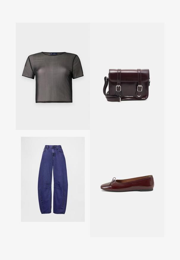 Černý top s krátkým rukávem vyrobený z průsvitného materiálu, s kulatým výstřihem a černým lemem podél okrajů. Lehký s hladkou texturou.; Džínové kalhoty v purpurové barvě s vysokým pasem a volným střihem, frontálními kapsami, zapínáním na knoflík a prošitými detaily na kolenou.; Burgundské lakové baleríny s kulatou špičkou, malou mašlí vpředu a nízkou černou gumovou podrážkou. Hladký povrch.; Burgundská lakovaná křížová taška obdélníkového tvaru, se dvěma popruhy, stříbrnými kovovými doplňky a klopovým uzávěrem.