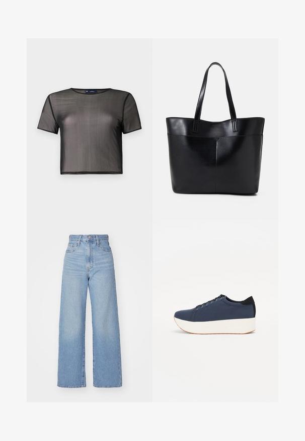 Must have lühikeste varrukatega must topp, mis on valmistatud läbipaistvast materjalist. Topp on ümmarguse kaelusega ja musta ääristusega. Kerge ja sileda tekstuuriga.; Heledad sinine kõrge vöökohaga laiad teksad, ees nupp ja tõmblukk, ees ja taga taskud, valge tausta peal.; Tumedat sinised tennised tekstureeritud riidest pealispinnaga, valge platvormi tallaga, ümarate varvaste ja musta kontsapaneeliga. Omab kuut silma paelte jaoks.; Must mustaga musta nahast, millel on kaks pikka kanda, sile tekstuur ja struktureeritud kuju. Esipoolsel on lisakoti jaoks tasku.