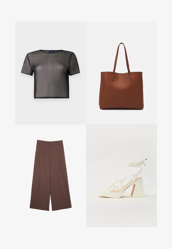 Črna kratka majica z rokavi, izdelana iz prosojnega materiala, s krožnim izrezom in črnimi robovi ob robovih. Lahka, z gladko teksturo.; Rjave široke hlače z gladko teksturo, ki imajo visok pas in sprednje naborke. Tkanina je lahka in prosto pada.; Bela sandala na visokih petah s debelim petam, ki ima obliko trakcev in vezanje okoli gležnja. Gladka tekstura z platformo spredaj za dodatno višino.; Rjava usnjena torba z gladko teksturo, odprto zasnovo zgoraj in dvema naramnima trakovoma. Opremljena je z minimalnim šivanjem in brez vidnih kovinskih delov.