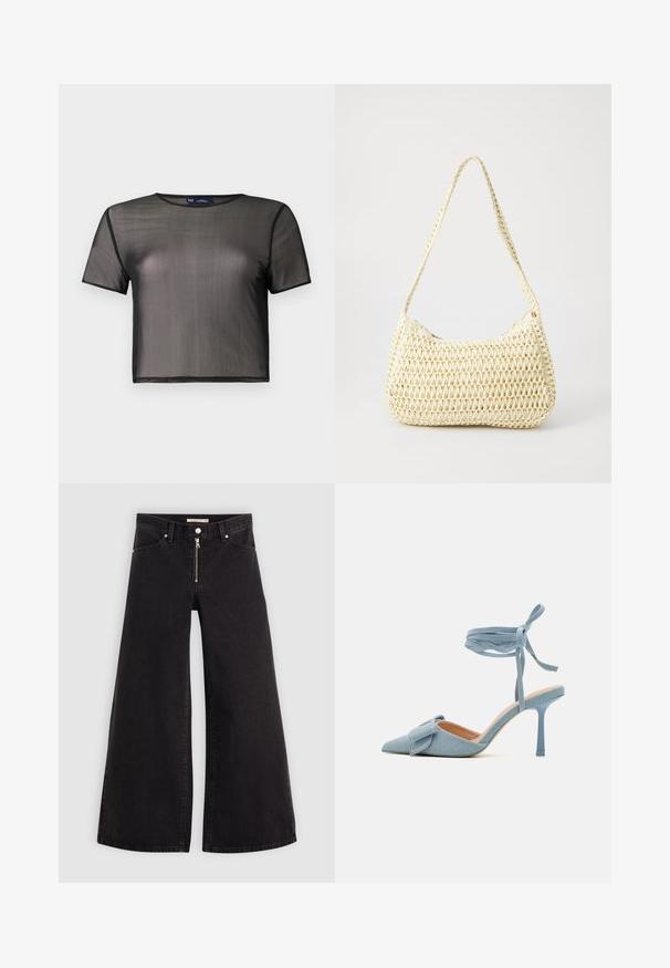 Top negro de manga corta hecho de material transparente, con cuello redondo y ribetes negros en los bordes. Ligero y de textura suave.; Jeans de pierna ancha en denim negro con cierre frontal, diseño de cinco bolsillos y detalles de costura sutiles. Textura suave y estilo casual.; Zapato de tacón alto de punta afilada en tela azul claro con un acabado texturizado, que presenta un lazo decorativo y una correa en el tobillo para un ajuste seguro.; Bolso de hombro de color beige tejido con forma curva y una larga correa trenzada. Presenta una superficie texturizada y un cierre de cremallera en el lateral.