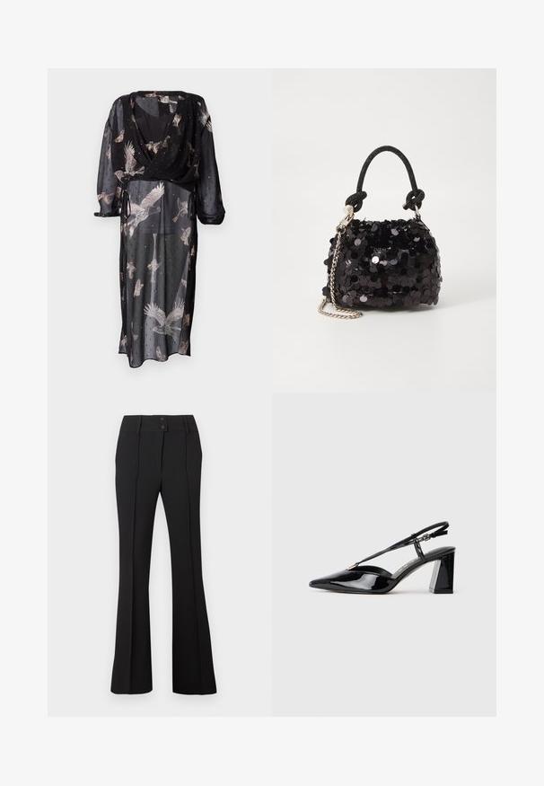 Átlátszó fekete ruha, bekötős kialakítással, lágy színekben megjelenő madármintákkal, hosszú ujjak és állítható derékmegkötőkkel.; Fekete, bővülő nadrág, két elülső gombbal, sima, textúrált anyagból, függőleges varrásokkal a kifinomult megjelenés érdekében.; Fekete lakk bőrből készült slingback magas sarkú cipők hegyes orral, állítható pánttal és vastag téglalap alakú sarokkal.; Fekete flitteres mini kézitáska csomózott textúrájú pánttal és ezüst lánccal. Lekerekített forma, ráncolt tetejével és fényvisszaverő részletekkel.