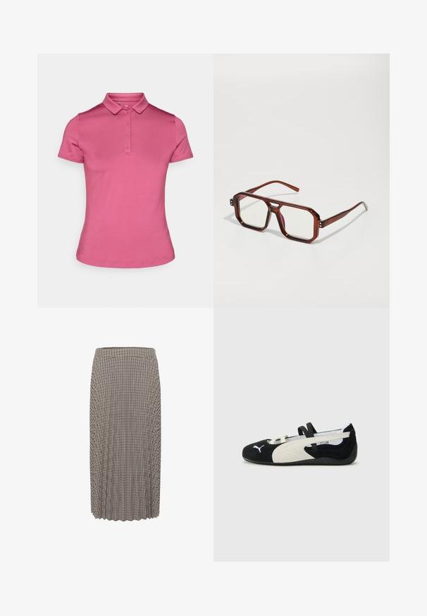 Roze polo shirt gemaakt van gladde stof, met een kraag, zes-knopen sluiting en korte mouwen. Eenvoudig, aansluitend ontwerp met een nette afwerking.; Plissé midi-rok in een zwart-witte ruitpatroon. Bevat een tailleband en textuurstof met een rechte snit.; Zwarte en crèmekleurige ultralichte schoen met een leren bovenkant, platte zool, elastische banden en een klein logo op de teen.; Bruine transparante oversized brillen met rechthoekige lenzen en slanke armen. Gehoekte, licht afgeronde hoeken en zichtbare hardwareaccenten.