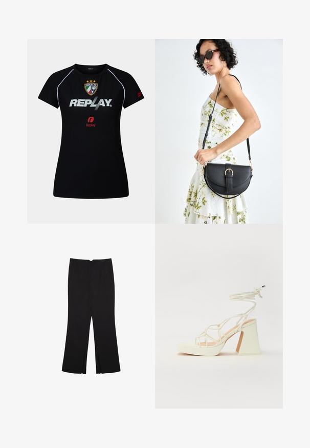 Svart sportskjorta med kort ärm och vit piping, Replay FC-emblem, stort vitt "REPLAY"-tryck samt liten röd Replay-logga på bröstet och ärmen.; Svarta byxor med rak passform, utrustade med framfickor och sidoklyvningar vid fållen. Tillverkade av mjukt, slätt tyg. Lämpliga för olika tillfällen.; Vit högklackad sandal med en kraftig klack, med ett remdesign och ankelband. Slät textur med en plattform framtill för ökad höjd.; Svart läderhandväska med en böjd form, avtagbar rem och guldiga detaljer. Väskan har ett lock med en spänndetalj.